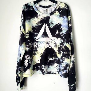 REEBOK LOGO Sweat Shirt Graphic Black Tie Dye Activewear Athleisure Loose Fit